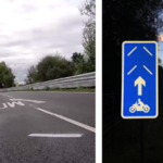 Segnaletica PRIME per motociclisti: i segni a chevron sull'asfalto prima di una curva e il cartello blu con il simbolo della moto